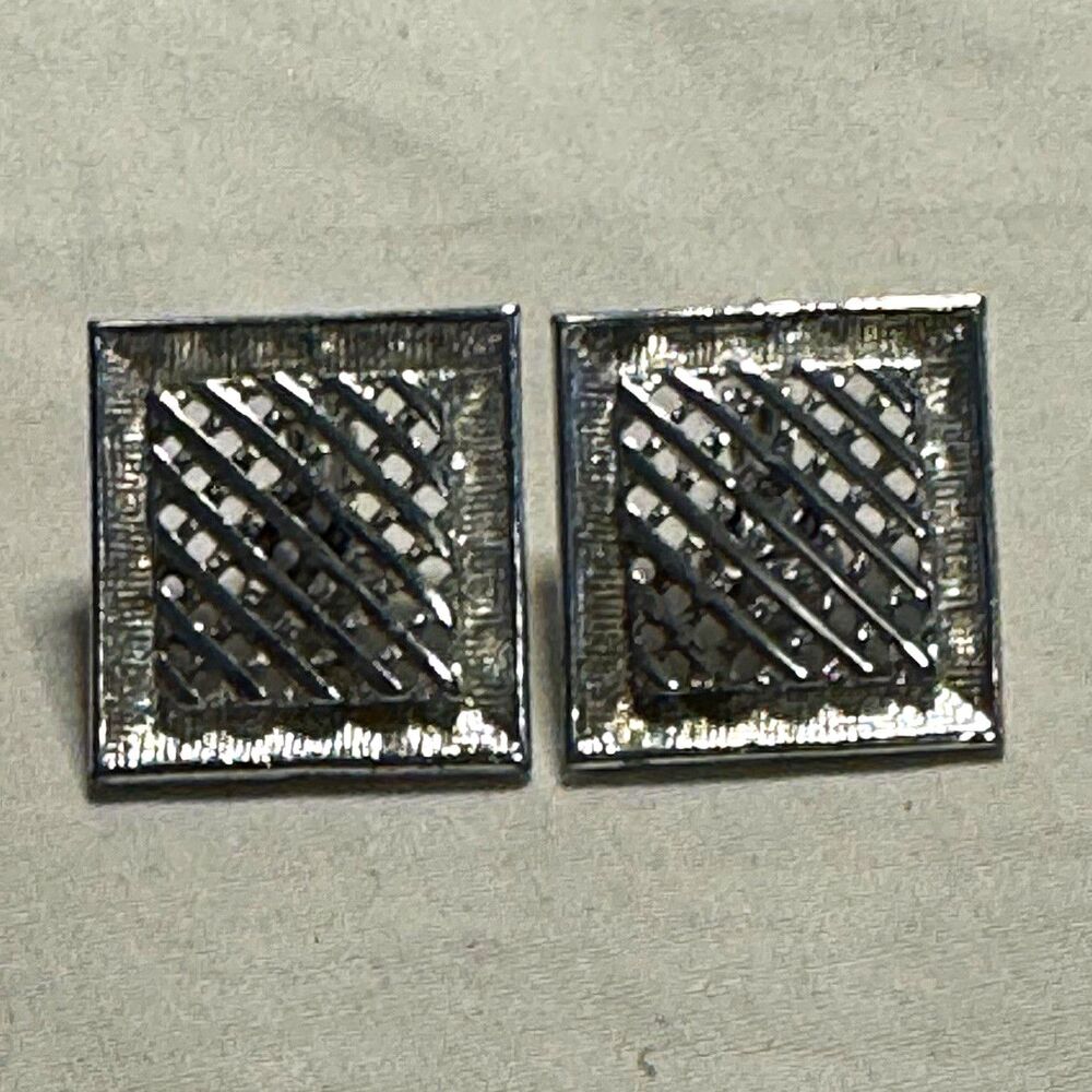 Vintage Sarah Coventry silver Square hatched clip on earrings, mid century, 1960